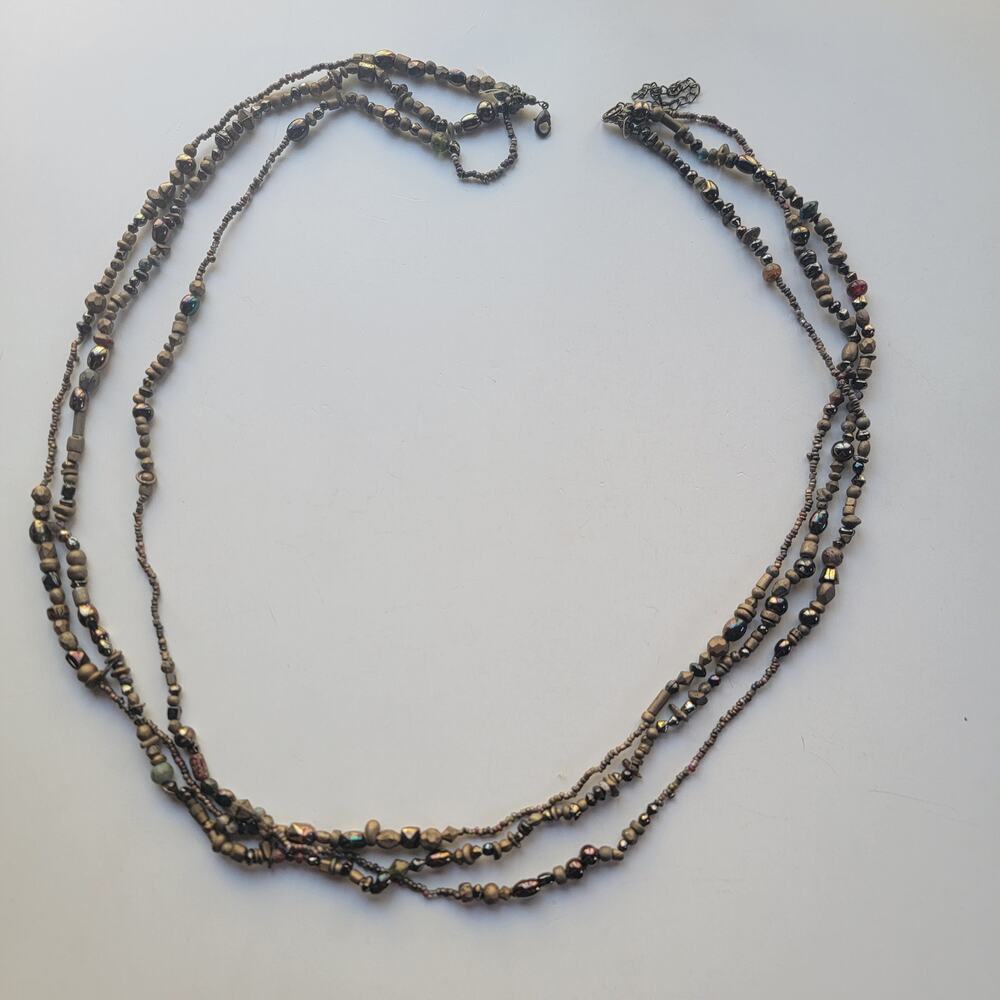 Boho Multi Strand Beaded Necklaces Earthy Wood, Hematite Tone Beads Accent, 34in